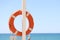 Orange lifebuoy weighs on mast against background of sea
