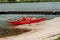Orange lifeguard rowing boat - Serraia Lake Italy