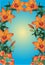 Orange lily frame on blue background