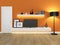 Orange living room with tv stand and bookcase