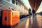 Orange luggage at railway station in front of a train made with Generative AI. Travel by train advertisement poster concept