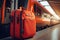 Orange luggage at   railway station in front of a train made with Generative AI. Travel by train advertisement poster concept