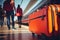 Orange luggage at railway station in front of a train made with Generative AI. Travel by train advertisement poster concept