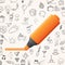 Orange marker with set of doodle icons, hand drawn objects on white background