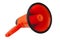 Orange megaphone on white background isolated close up, hand loudspeaker design, red loudhailer or speaking trumpet sign