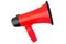 Orange megaphone on white background isolated close up, hand loudspeaker design, red loudhailer or speaking trumpet sign