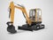 Orange mini excavator with hydraulic mechlopatoy on crawler rubber track with leveling bucket 3d render on gray background with