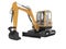 Orange mini excavator with hydraulic mechlopatoy on crawler rubber track with leveling bucket 3d render on white background no
