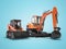 Orange mini excavator tracked on rubber run and mini loader on wheels rendering 3d render on blue background with shadow