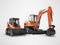 Orange mini excavator tracked on rubber run and mini loader on wheels rendering 3d render on gray background with shadow
