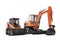 Orange mini excavator tracked on rubber run and mini loader on wheels rendering 3d render on white background no shadow