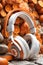 Orange mix white headphone on blur background, vertical composition