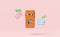 Orange mobile phone or smartphone with barcode,qr code scanning,wallet,banknotes,credit card isolated on pink background.online