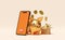 Orange mobile phone or smartphone with pile of stacked coin,goods cardboard box,gold piggy bank isolated on beige background,