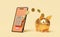 Orange mobile phone or smartphone with pile of stacked coin,goods cardboard box,piggy bank,wallet isolated on beige background,