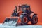 Orange Modern Tractor with Front Loader Bucket on Snowy Surface Against Warm Orange Background