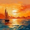 Orange Modernism: Seascape Abstract With Pixelated Landscapes