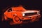 an orange muscle car painted in a dark room with a red background and a black background with a red and white stripe across the