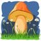 Orange mushroom on the background of a night flowering meadow. Cartoon flat style. Landskape Wildflowers and grass