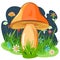 Orange mushroom on the background of a night flowering meadow. Cartoon flat style. Landskape Wildflowers and grass