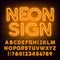 Orange neon alphabet font. Retro light bubble letters and numbers on brick wall background.