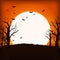 Orange night background with full super moon, clouds, bats and ba