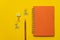 Orange notebook with metal yellow clip and wood pencil for office accessory business and education background