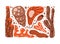 Orange ocean rectangular illustration for poster, print, banner, card. Hand drawn stylized marine elements set. Cartoon seaweed,