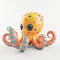 An orange octopus toy with blue dots on it, funny cute inflatable toy on white background.