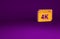 Orange Online play video with 4k Ultra HD video technology icon isolated on purple background. Film strip with play sign