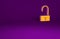 Orange Open padlock icon isolated on purple background. Opened lock sign. Cyber security concept. Digital data