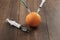 An orange orange and a syringe stuck in it on a wooden background, a shot and a syringe with liquidity. Concepts of genetic