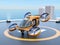 Orange Passenger Drone Taxi takeoff from helipad on the roof of a skyscraper