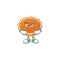 Orange pie cartoon with smirking mascot design.