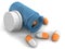 Orange pills an blue bottle on white background