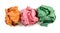 Orange, pink and green creased folded paper balls