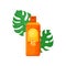Orange plastic bottle of sunblock and two green monstera leaves. Cream with SPF for skin protection. Flat vector icon
