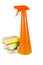Orange plastic sprayerand kitchen sponges