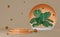 Orange podium empty with leaf monstera and marble in brown composition for modern stage display ,abstract showcase background ,