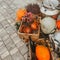 Orange pumpkin, clay jugs lie with straw in wooden boxes, next to iron cans, pumpkins and a basket of lavender.