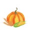 Orange pumpkin, corn, ears of wheat. Harvest elements, for the holiday of Thanksgiving, Kwanzaa. Autumn clip art. Hand
