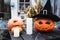 Orange pumpkin for halloween in black witch, wizard hat, jack-o-lantern with scary carved eyes, mouth.Candles on wooden table near