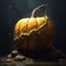 Orange pumpkin isolated with cobwebs and eerie vine details.