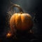 Orange pumpkin isolated with cobwebs and eerie vine details.