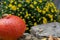 Orange Pumpkin on stone path in front of yellow flower bouquet