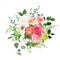 Orange ranunculus, pink rose, white peony, hydrangea, juliet rose, garden flowers