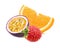 Orange, raspberry and passion fruit isolated on white background