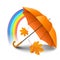 Orange realistic umbrella with falling yellow leaves and rainbow