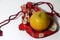 Orange on the red fabric bag on white floor