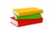 Orange, red, and green hardcover books with blank covers stacked over white background, reading or education concept
